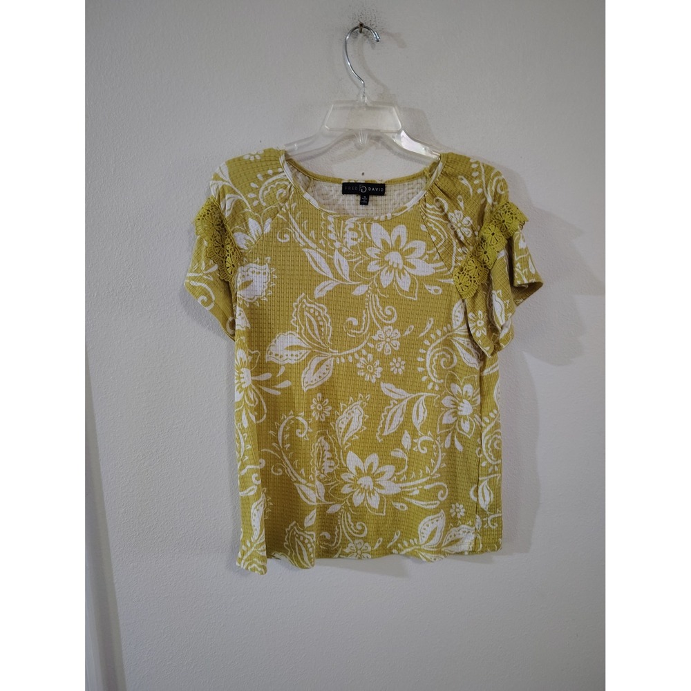 Fred David Mustard Yellow Floral Waffle Knit Crochet Lace Trim Top Medium